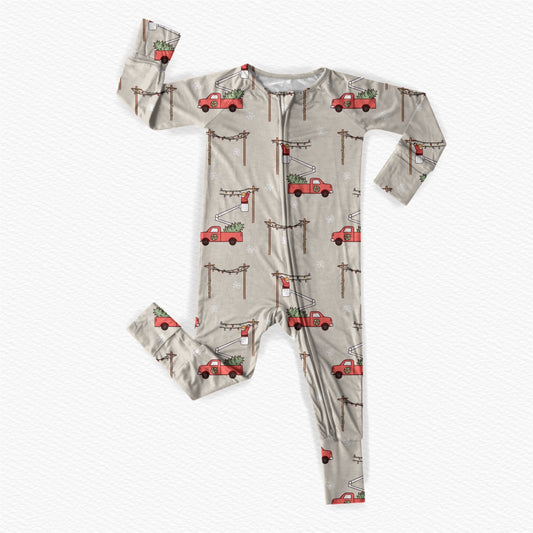 Lineman Bucket Truck Santa Bamboo Pajamas Rompers / Two Piece Set